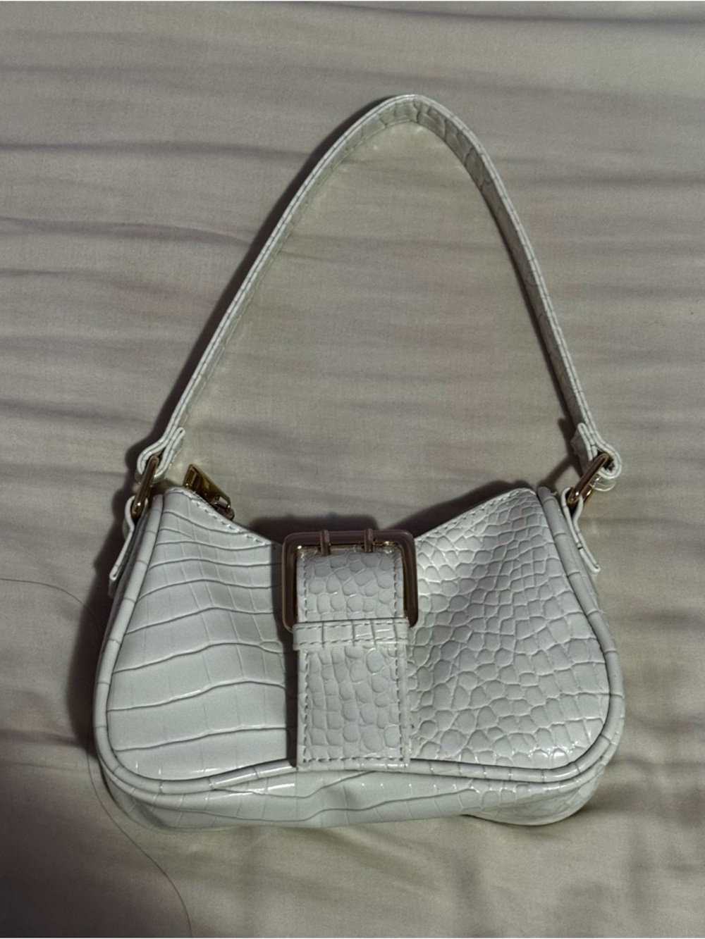 Princess Polly White Croc-Embossed Shoulder Bag with Gold Buckle